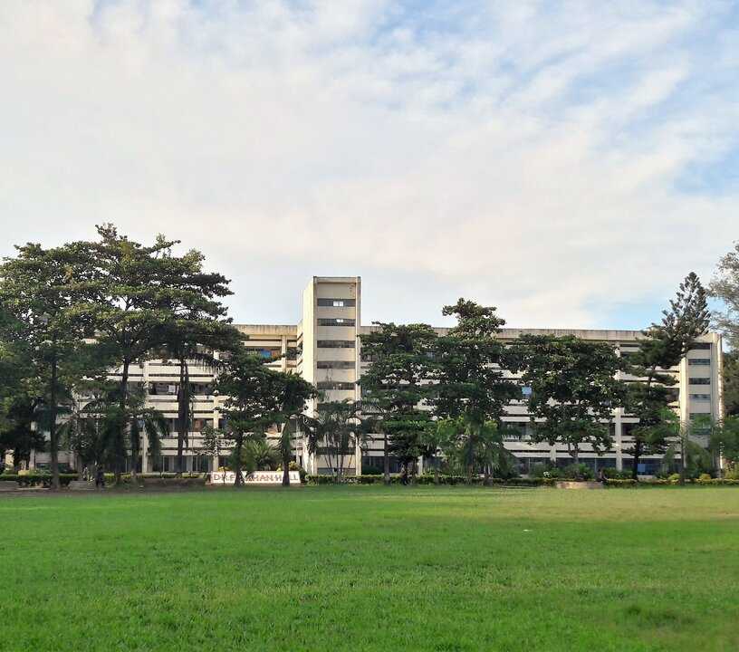 Building view across a large field